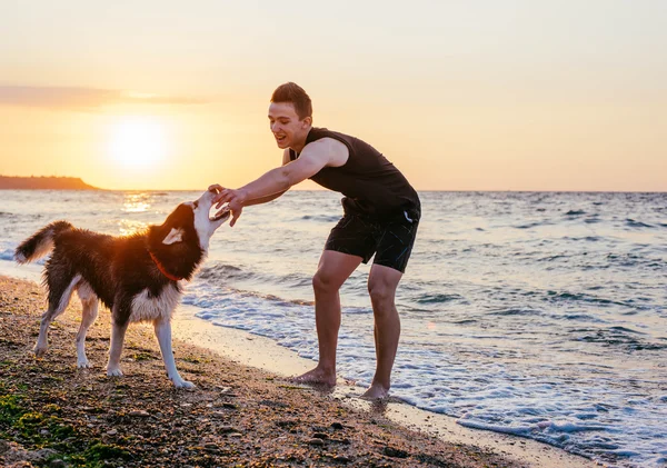 Молодой человек с собакой на пляже — стоковое фото