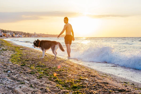 Młody mężczyzna z psem na plażę — Zdjęcie stockowe