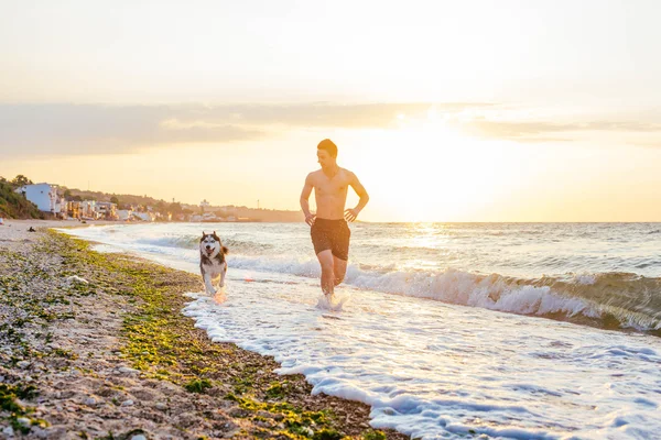 Człowiek działa z psem na plażę — Zdjęcie stockowe