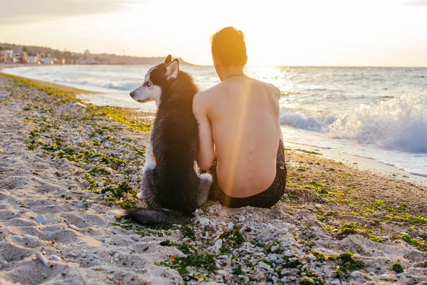 Молодой человек с собакой на пляже — стоковое фото