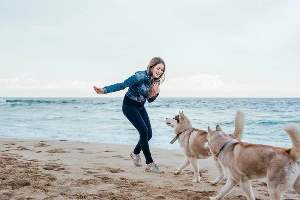 Женщина и хаски на пляже — стоковое фото