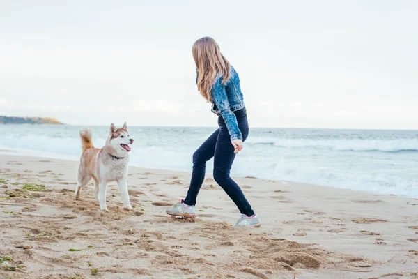 Γυναίκα και σκύλος χάσκεϋ στην παραλία — Φωτογραφία Αρχείου