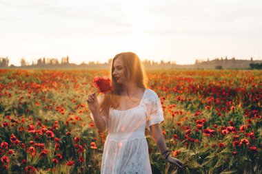 Gelincik tarlasında genç bir kadın