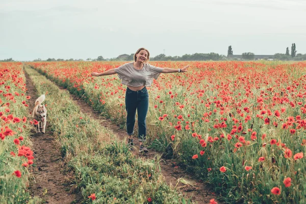 Mujer joven en el campo de amapola —  Fotos de Stock