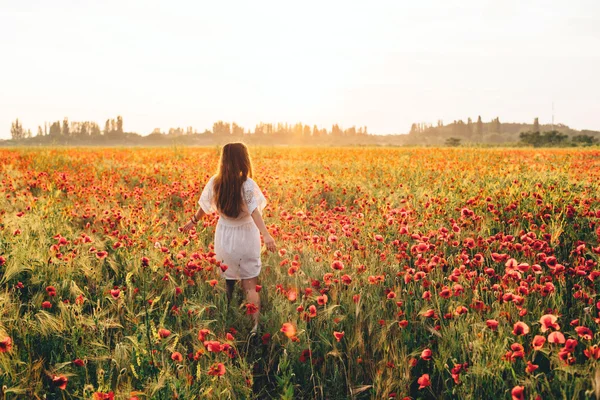Gelincik tarlasında genç bir kadın