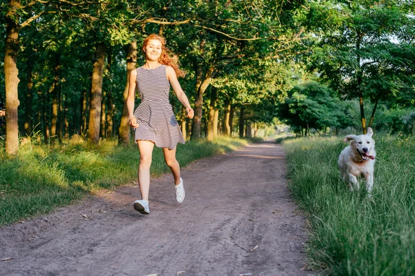 Flicka som leker med hunden i park — Stockfoto