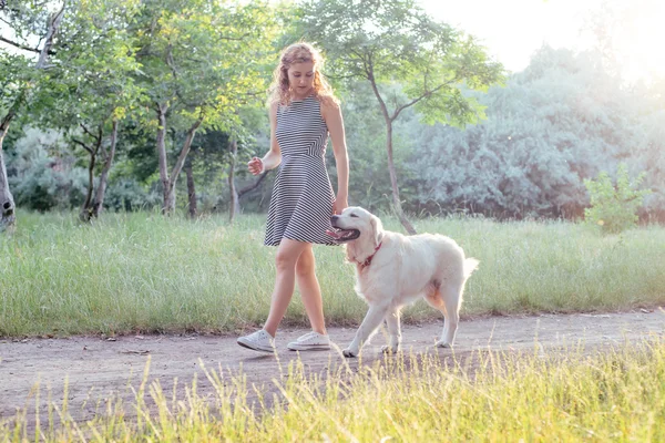 Girl walking with dog in park — Stock Photo, Image