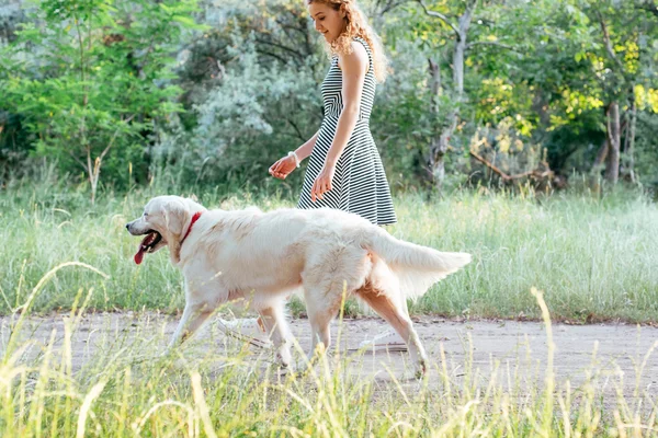 Kız ile parkta köpek yürüyüş — Stok fotoğraf