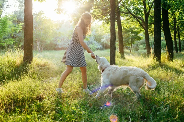 Mädchen spielt mit Hund im Park — Stockfoto