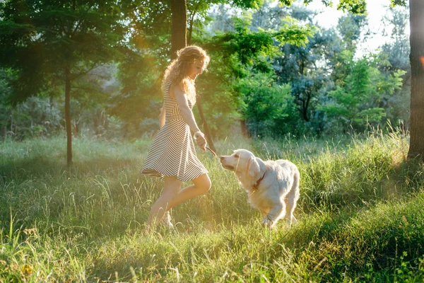 Mädchen spielt mit Hund im Park — Stockfoto