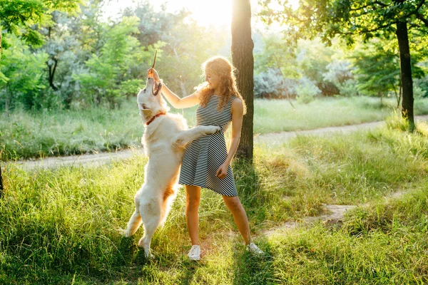 Κορίτσι παίζει με το σκύλο στο πάρκο — Φωτογραφία Αρχείου
