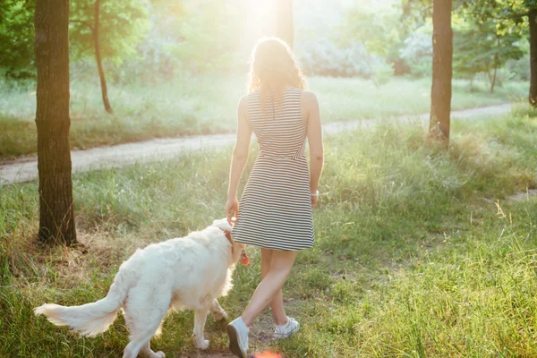 공원에서 강아지와 함께 산책 하는 소녀 — 스톡 사진