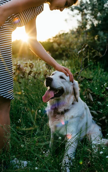 Mädchen spielt mit Hund im Park — Stockfoto