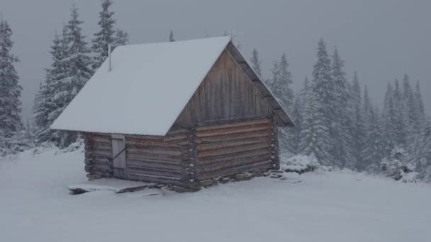 Маленький Дерев Яний Будинок Сніжному Гірському Ландшафті Зима Карпатських Горах — стокове відео