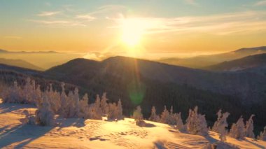 Gün batımında karlı Karpatya dağlarının güzel 4k görüntüsü. İnanılmaz Ukrayna doğası