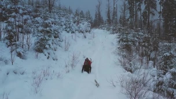 Aerial Footage Hikers Couple Beautiful Snowy Mountains Travel Remote Places — Stock Video