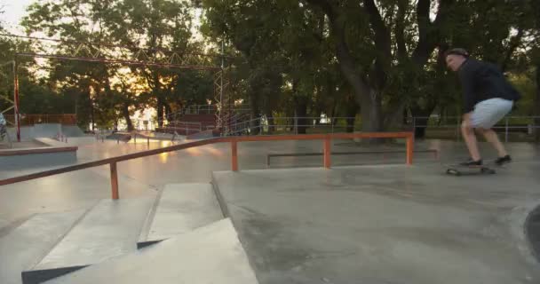Wide Slow Motion Shot Stylish Millennial Skater Skateboarding Doing Tricks — Stock Video