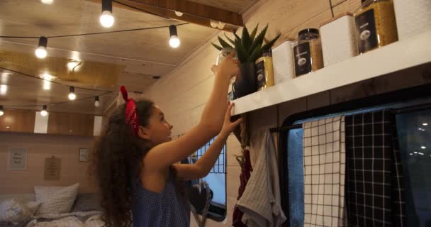 Chica Rizada Poniendo Planta Maceta Estante Interior Del Remolque — Vídeos de Stock