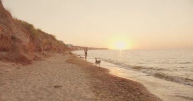 Gün batımında ya da gün doğumunda Sibirya köpekleri ile sahilde yürüyen beyaz bir çift. Köpeklerle oynamak. Evcil hayvanlar aile kavramının üyeleridir..