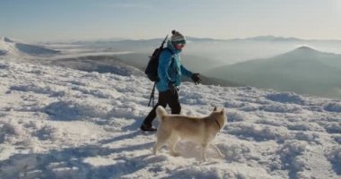 Mavi ceketli bir adam iki Sibirya köpeğiyle karlı dağlarda yürüyüş yapıyor. Köpekli bir yürüyüşçü, güzel bir kış arkaplanına karşı. Etkin yaşam tarzı ve uzak yerlere seyahat kavramı