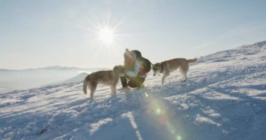 Mavi ceketli bir kadın, karlı dağlarda iki Sibirya köpeğiyle yürüyüşe çıktı. Köpekli bir yürüyüşçü, güzel bir kış arka planına karşı.
