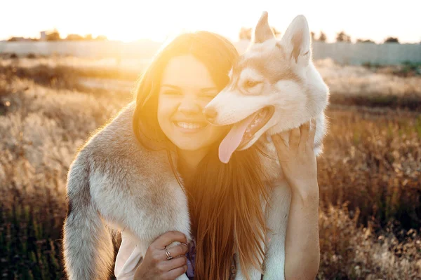 Tânără caucaziană jucându-se cu cățelușul ei siberian husky în câmp în timpul apusului de soare. Fata zâmbitoare fericită se distrează cu cățelușul în aer liber în lumină frumoasă — Fotografie, imagine de stoc