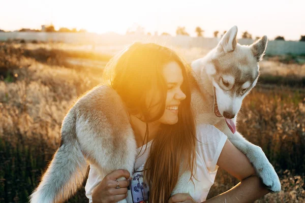 Junge kaukasische Hündin beim Spielen mit ihrem sibirischen Husky-Welpen auf dem Feld während des Sonnenuntergangs. glücklich lächelndes Mädchen, das Spaß mit Welpen im Freien in schönem Licht hat — Stockfoto