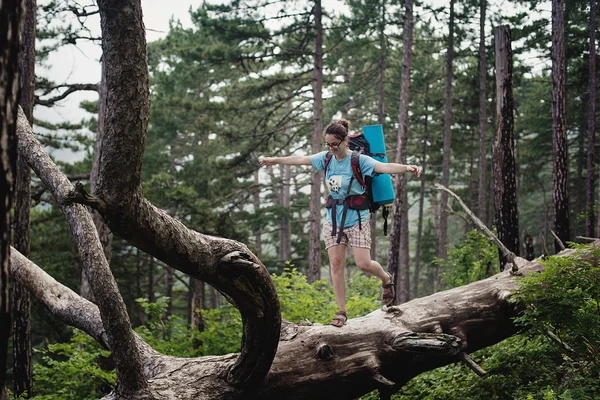 Kaukasische Wanderin auf Bergwanderung mit Rucksack, die einen gesunden aktiven Lebensstil führt. Wandermädchen auf Naturlandschaft. — Stockfoto
