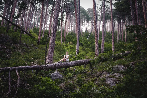 Mladý Kavkazský žena sedí na stromě v lese — Stock fotografie