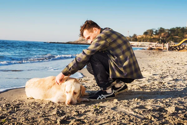 Unga kaukasiska manlig leker med labrador på stranden under sunri — Stockfoto