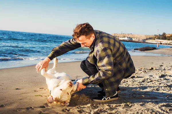 Unga kaukasiska manlig leker med labrador på stranden under sunri — Stockfoto