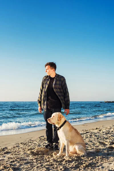 Mladý bělošský muž hraje s labrador na pláži během východ slun — Stock fotografie