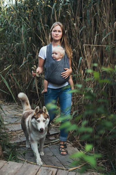 Madre caminando con hija y perro — Foto de Stock