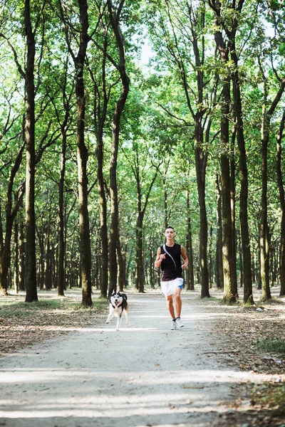 犬でうまきます。シベリアの胡主席と実行する若い白人男性 — ストック写真