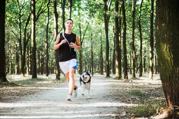 work out with dog. Young caucasian male running with siberian hu