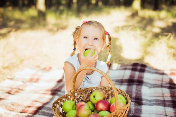 Little girl with apples in park — Stock Photo, Image