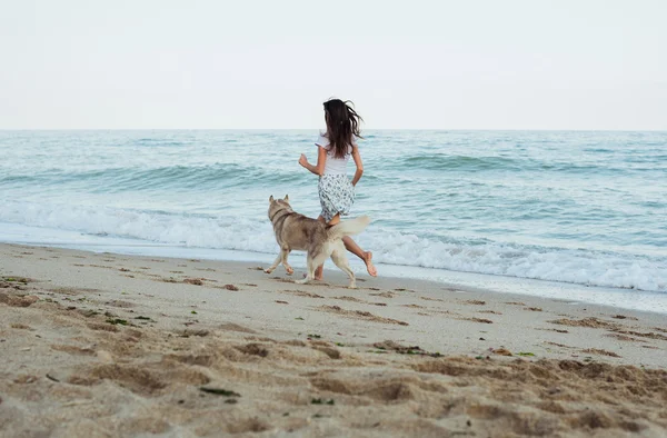 Молода біла жінка, що йде з сибірським хаскі собакою на пляжі — стокове фото