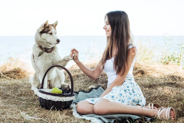 Young caucasian female and red siberian husky dog on seaside with basket with fruits. eating fruits, healthy eating and healthy living concept — 스톡 사진