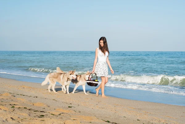 Junge kaukasische Hündin spielt und amüsiert sich mit sibirischem Husky-Hund am Strand — Stockfoto