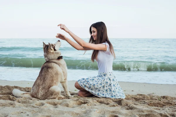 Jovem caucasiano fêmea jogando e se divertindo com siberiano husky cão na praia — Fotografia de Stock