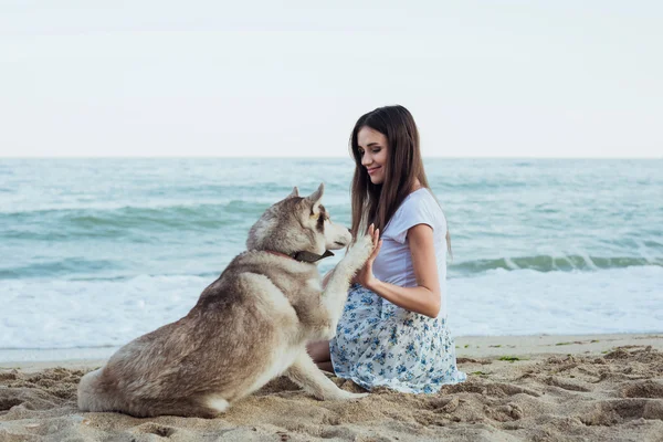 Joven caucásico hembra con perro — Foto de Stock