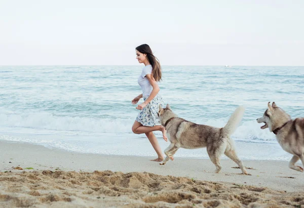 Jovem caucasiano fêmea jogando e se divertindo com siberiano husky cão na praia — Fotografia de Stock