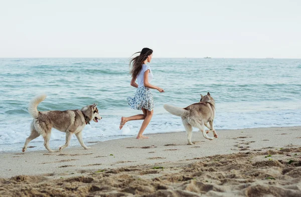 Genç beyaz kadın oynamak ve eğlenmek ile Sibirya husky köpek sahilde — Stok fotoğraf