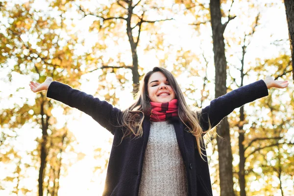 Joven mujer feliz con las manos animadoras en el parque. Mujer disfrutando del sol de otoño — Foto de Stock