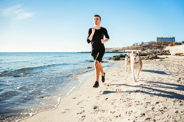 Masculino corredor jogging com cães — Fotografia de Stock