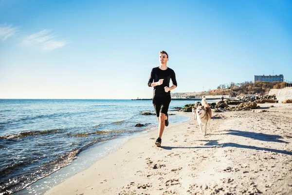 Masculino corredor jogging com cães — Fotografia de Stock