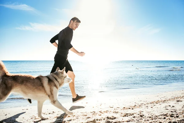 犬とジョギングの男性ランナー — ストック写真