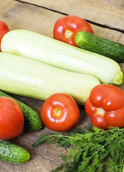 Fresh vegetables, squash, cucumbers, tomatoes and fennel on wooden background — Stock Photo, Image