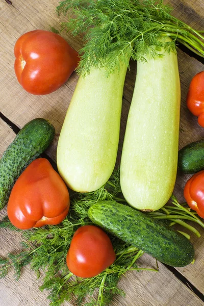 Fresh vegetables, squash, cucumbers, tomatoes and fennel on wooden background — Stock Photo, Image
