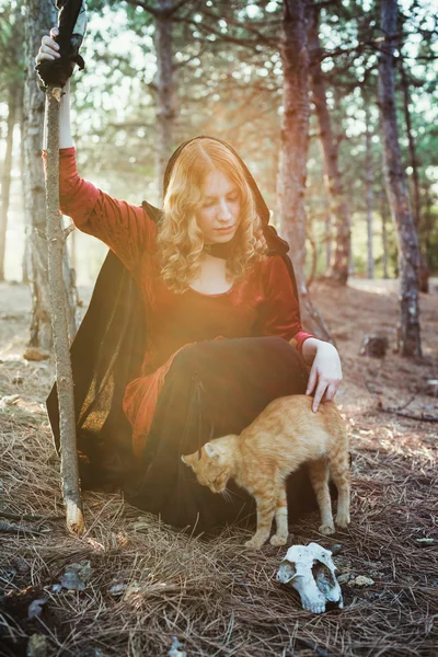 Bruja en el bosque. Practicando magia. Concepto Halloween — Foto de Stock